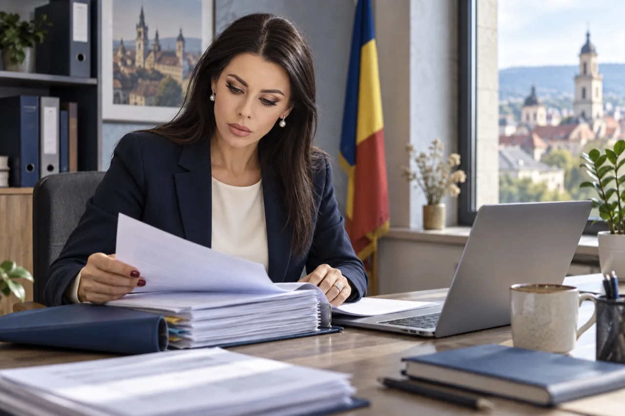 Denisa analizează documentele unei solicitări de certificare la birou.